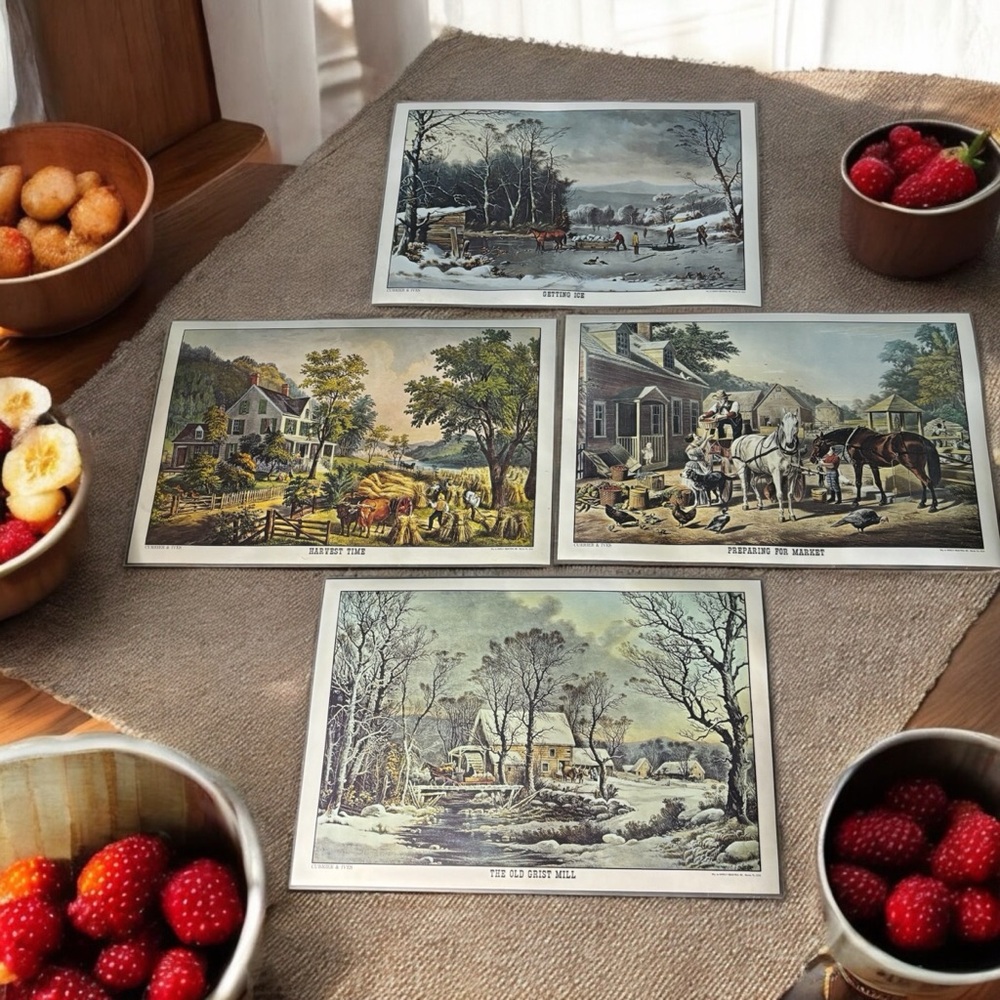 Vintage Set 4 Currier & Ives Vinyl Sealed Placemats 16.8”x 11” 1) Getting Ice